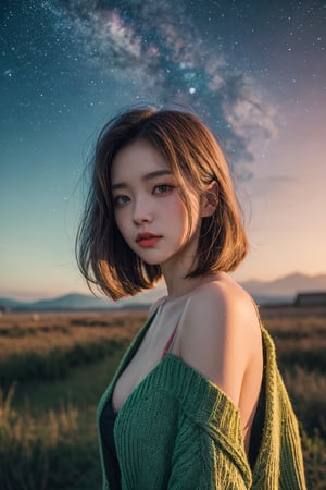 (close-shot photo:1.4) of a beatutiful woman wearing white underwear and cardigan on a open field, embers of memories, colorful, (photo-realisitc), nebula background, nebula theme,exposure blend, medium shot, bokeh, (hdr:1.4), high contrast, (cinematic, teal and green:0.85), (muted colors, dim colors, soothing tones:1.3), low saturation,fate/stay background,yofukashi background,(pureerosface_v1:0.8), (ulzzang-6500-v1.1:0.8),breasts,Beautiful eyes ,ASU1,bare shoulders,dream_girl, naked, perfect hands, perfect body