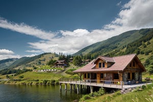 wooden non landed double storey house, hills background, trees around, blue sky, clouds lake