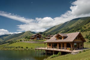 wooden non landed double storey house, hills background, trees around, blue sky, clouds lake