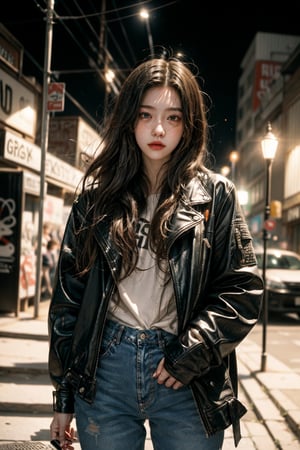 In the fading light of the urban dusk, a young woman leaned against a graffiti-covered brick wall. Her tousled hair, a mix of city grit and fleeting glamour, framed a face adorned with subtle freckles. Clad in jeans and a well-worn leather jacket, she carried an air of casual resilience. The city's hum surrounded her as she glanced at her phone, capturing a moment where the raw beauty of reality met the ephemeral glow of a streetlamp.




