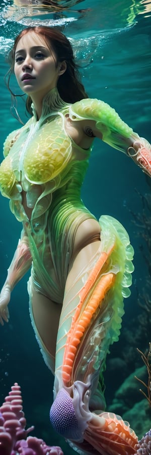 Hyperealistic Best adaptation of the human body to live underwater, organic, full body,  fluorescent jelly parts, organic lines in the body, translucent ,Translucent fluorescent armour protecting vital organs, Movie Still, beautymix, sea scenery, RAW 