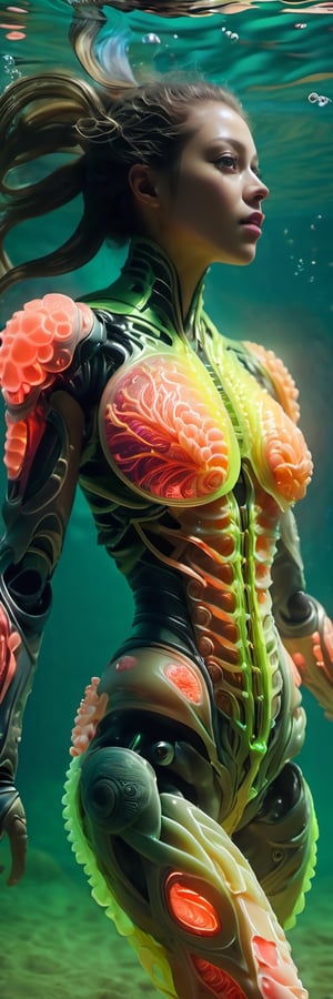 Hyperealistic Best adaptation of the human body to live underwater, organic, full body,  fluorescent jelly parts, organic lines in the body, translucent ,Translucent fluorescent armour protecting vital organs, Movie Still, beautymix, sea scenery, RAW 