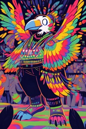 Toucan (male, slender, tall, feathers, wing_arms, black_feathers,) rave_clothing (cartoon print, colorful), club_scene, Glowsticks, tracers, crowd, audience, FurryCore,cartoon