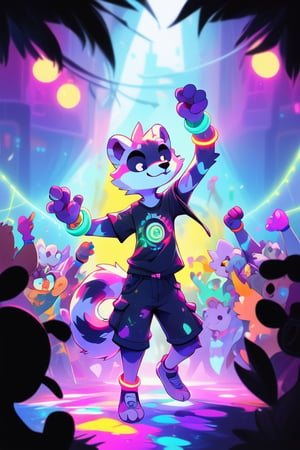 Ferret(male,slender,skinny,tall,ring_markings) rave_clothing(cartoon print,colorful),club_scene,glowsticks,kandi_on_arms,bracelets_on_arms,paint_spray,tracers,crowd,audience,FurryCore,cartoon,midjourney,FurryCore,nj5furry,anime