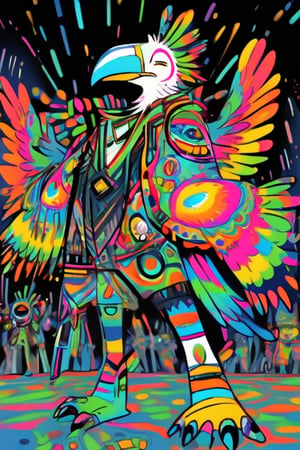 Toucan(male,slender,skinny,tall,feathers,tailfeathers,small_beak,wing_arms,black_feathers,) rave_clothing(cartoon print, colorful),club_scene,glowsticks,kandi,bracelets,paint, tracers,crowd,audience,FurryCore,cartoon,midjourney,FurryCore,nj5furry,anime