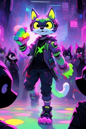 Ferret(male,slender,skinny,tall,ring_markings) rave_clothing(cartoon print,colorful),club_scene,glowsticks(tracers),kandi_on_arms,bracelets_on_arms,paint_spray,tracers,crowd,audience,dancing,FurryCore,cartoon,midjourney,FurryCore,nj5furry,anime,Cartoon,PadoruMeme,Cyberpunk,PD-802,ShaiDE,cat ear,High detailed ,derpina