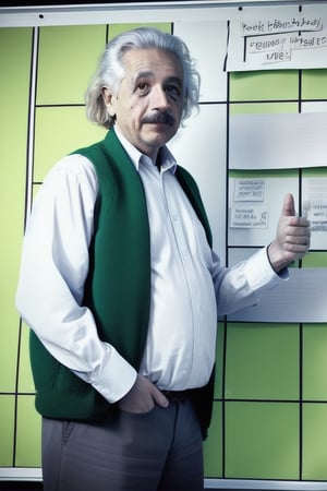 future style,green color in background , Albert Einstein，right hand thumb up,left hand carry a kanban , have " B320A" word on the wall