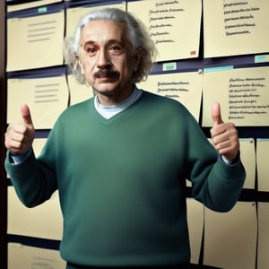 future style,green color in background , Albert Einstein，right hand thumb up,left hand carry a kanban , have " B320A" word on the wall