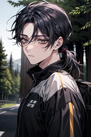 ivy, forest, pine trees, black clothes, portrait, ((1guy)), boy, sole_male, (dark_eyes), (black_eyes), black_hair, disheveled_hair, tired eyes, (sanpaku), bags under eyes, mid-length_hair, ((shoulder-length_hair)), tracksuit, expressionless, mature_male, sidelocks, ((solo)), hairline, low_ponytail, messy_hair