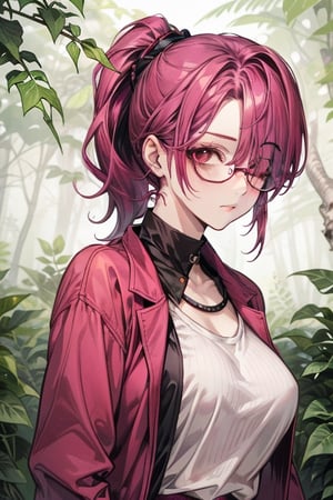 ivy, forest, ferns, 1girl, ((magenta_hair)), rimless_glasses, doctor, ((low_ponytail)), tsurime, milf, asymmetrical_bangs, (hair over one eye), mature, adult, mature_female, brown eyes, short_low_ponytail