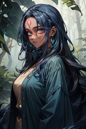 ivy, forest, ferns, 1girl, (dark skin), very_long_hair, big_hair, curly hair, messy hair, ((dark_blue_hair)), indian, piercings, ear_rings, teal clothing, mature_woman, mature, open_jacket, crazy, forehead, ((masterpiece))