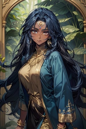 ivy, forest, ferns, 1girl, (dark skin), very_long_hair, big_hair, curly hair, messy hair, ((dark_blue_hair)), (gold_eyes), indian, bangles, piercings, gold earrings, teal clothing, mature_woman, mature, dot_on_forehead, open_jacket, crazy, ((masterpiece))