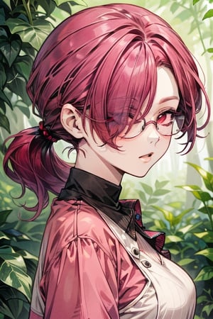 ivy, forest, ferns, 1girl, ((magenta_hair)), rimless_glasses, doctor, ((low_ponytail)), tsurime, milf, asymmetrical_bangs, (hair over one eye), mature, adult, mature_female, brown eyes, short_low_ponytail,low ponytail