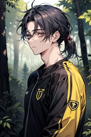 ivy, forest, pine trees, black clothes, portrait, ((1guy)), boy, sole_male, (dark_eyes), (black_eyes), black_hair, disheveled_hair, tired eyes, (sanpaku), bags under eyes, mid-length_hair, ((shoulder-length_hair)), tracksuit, expressionless, mature_male, sidelocks, ((solo)), hairline, low_ponytail, messy_hair