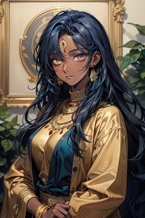 ivy, forest, ferns, 1girl, (dark skin), very_long_hair, big_hair, curly hair, messy hair, ((dark_blue_hair)), (gold_eyes), indian, bangles, piercings, gold earrings, teal clothing, mature_woman, mature, dot_on_forehead, open_jacket, crazy, ((masterpiece))