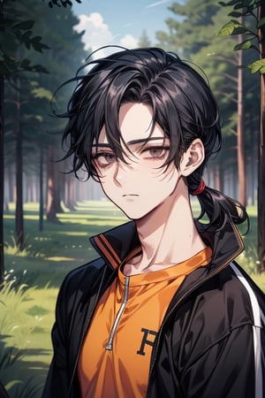 ivy, forest, pine trees, black clothes, portrait, ((1guy)), boy, sole_male, (dark_eyes), (black_eyes), black_hair, disheveled_hair, tired eyes, (sanpaku), bags under eyes, mid-length_hair, ((shoulder-length_hair)), tracksuit, expressionless, mature_male, sidelocks, ((solo)), hairline, low_ponytail, messy_hair, forehead