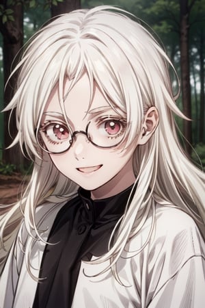 ivy, forest, pine trees, white clothes, portrait, ((1guy)), boy, young, sole_male, zigzag part, long white hair without bangs, pale pink eyes, white eyelashes, ((albino)), femboy, otokonoko, dot_eyebrows, round glasses, hair_past_waist, hair_flaps, forehead, long_hair, longhair, very_long_hair, smile, grin, abigail_williams_(fate/grand_order)