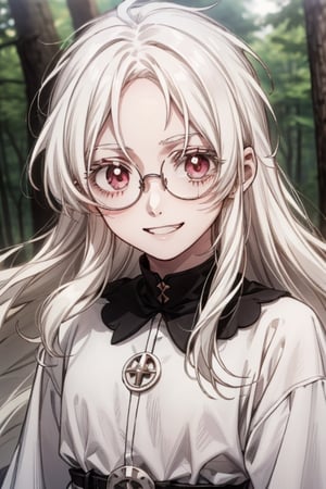 ivy, forest, pine trees, white clothes, portrait, ((1guy)), boy, young, sole_male, zigzag part, long white hair without bangs, pale pink eyes, white eyelashes, ((albino)), femboy, otokonoko, dot_eyebrows, round glasses, hair_past_waist, hair_flaps, forehead, long_hair, longhair, very_long_hair, smile, grin, evil, abigail_williams_(fate/grand_order), fluffy hair