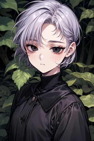 1girl, drowsy, (dead eyes, black eyes), very_short_hair, (lavender_hair),short_bangs,messy_hair, short_hair, tomboy,Short Hair,pixie_cut,ivy, forest,Forehead,pixie_hairstyle,girl, black clothes,portrait,tsukishima ruriko,1guy