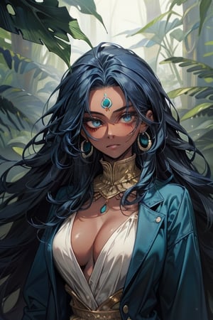 ivy, forest, ferns, 1girl, (dark skin), very_long_hair, big_hair, curly hair, messy hair, ((dark_blue_hair)), indian, piercings, ear_rings, teal clothing, mature_woman, mature, open_jacket, forehead, ((masterpiece))