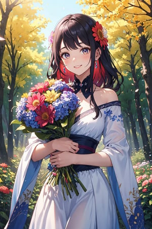 A serene 4K masterpiece captures a radiant girl amidst a vibrant flower field, with the warm sun casting a gentle glow. She stands tall, her bright smile illuminating the scene as she cradles a bouquet of blooms in her hands. A lush forest unfolds in the background, its verdant hues subtly blending with the floral tapestry. Her stunning dress, a kaleidoscope of colors, complements the natural beauty surrounding her.