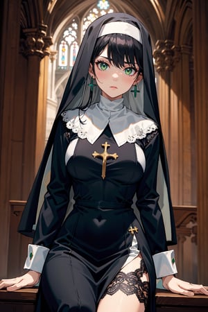 masterpiece, best quality, cathedral, cathedral with colored mosaic mirrors, colored mosaic mirrors, lighting background, extremely detailed face, solo, 1girl, nun, shining green eyes, serious_face, emerald_earrings, perfect_face, hair simple ornament, black_hair, emo_hair, silky_hair, (lace_material, open, nun_clothes:1.2), two beautiful legs, show_shot:1.2, 