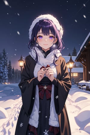 A masterpiece of night winter wonderland elegance. Capture a stunning 4K frame of a single girl wrapped in warm dress, standing amidst a serene snowy landscape. Her piercing purple eyes sparkle with warmth as she flashes a cold smile, her beauty shining like a beacon against the crisp cold air. The snowflakes gently fall around her, framing her perfect features.