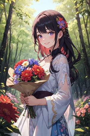 A serene 4K masterpiece captures a radiant girl amidst a vibrant flower field, with the warm sun casting a gentle glow. She stands tall, her bright smile illuminating the scene as she cradles a bouquet of blooms in her hands. A lush forest unfolds in the background, its verdant hues subtly blending with the floral tapestry. Her stunning dress, a kaleidoscope of colors, complements the natural beauty surrounding her.