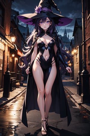 masterpiece, best quality, dynamic, digital_art, shadow, good_shadow, darkroom, night,  solo, 1girl, detailed_face, beutiful_eyes, shiny_eyes, looking_ahead, (purple_skin), vampire, fit_body, fit, elite_look, majestic, (witch_clothes), long_legs, chocolate_hair, long_hair, wavy_hair, (middle_shot)