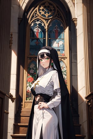 masterpiece, best quality, cathedral, cathedral with colored mosaic mirrors, colored mosaic mirrors, lighting background, extremely detailed face, solo, 1girl, nun, shining green eyes, serious_face, emerald_earrings, perfect_face, hair simple ornament, black_hair, emo_hair, silky_hair, (lace_material, nun_clothes:1.2), two beautiful legs, show_shot:1.2, 