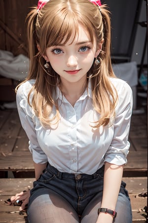 souryuuasukalangley, 1girl, 16 years old, big breast, looking_at_camera, (brown hair: 1.4), breeze, high_resolution, sunshine, (real eyes: 1.2), (earings: 1.2), scarf, (long_hair: 1.2),  (twin_tails: 1.2), Young beauty spirit , Detailedface, sexy eyes, sexy smile, bangs,eungirl,glitter,Best face ever in the world,little_cute_girl