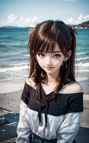 souryuuasukalangley, 1girl, 16 years old, big breast, looking_at_camera, (brown hair: 1.4), breeze, high_resolution, sunshine, (real eyes: 1.2), (earings: 1.2), scarf, (long_hair: 1.2),  (twin_tails: 1.2), Young beauty spirit , Detailedface, sexy eyes, sexy smile, bangs,eungirl,glitter,Best face ever in the world,little_cute_girl