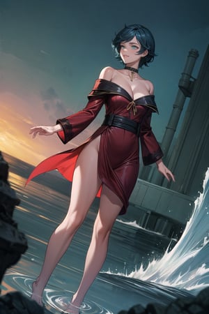 masterpiece,best quality,highres,cinematic lighting,dramatic angle, ,1girl,black hair,short hair,aqua eyes,ribbons,white shirt,red robe,long sleeves,bare shoulders,choker,gold-trimmed,veil,jewelry,beads,water,wave,cleavage,cross-laced footwear,magic,smile,glowing particles,parted lips,she is standing on water and split the sea into two parts of walls,holding,glowing
