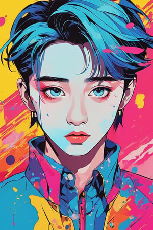 Pop Art, a 20years old boy, vivid colors, flat color, 2D, strong lines, color leaking to the down, chinese face, big eyes, Half body