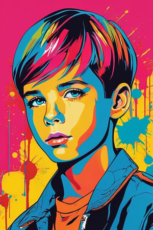 Pop Art, a boy, vivid colors, flat color, 2D, strong lines, color leaking to the down