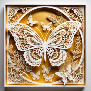 Monochromatic "butterfly Intricate paper-cut illustration, golden and white