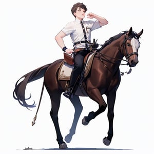 (masterpiece, best quality, highres:1.1), logo, white background, riding horse , 20 years old boy, white and black