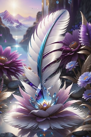 clear crystal feather in front of full purple flower, 3d design, in the style of light white and light blue, daz3d, blue pink and light amber, zen like tranquility, landscape inspirations