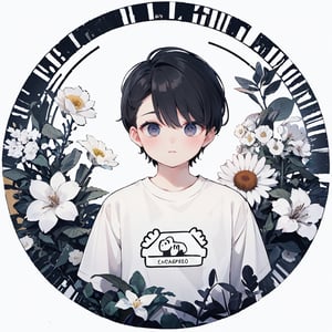 (masterpiece, best quality, highres:1.1), logo, white background, cute logo design, cute, t-shirt logo, flower design, 20 years old boy, white and black