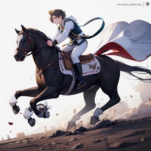 (masterpiece, best quality, highres:1.1), logo, white background, riding horse , 20 years old boy, white and black, prince with crown