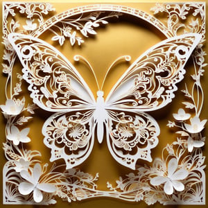 Monochromatic "butterfly Intricate paper-cut illustration, golden and white, word "haoming"