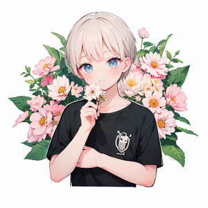 (masterpiece, best quality, highres:1.1), logo, white background, cute logo design, flower background, cute, t-shirt logo, flower design,  20 years old boy, white and black