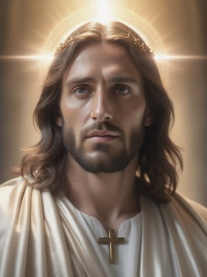 Jesus Christ looking straight ahead, photoreal, cinematic, With an aura reminiscent of pure radiance, as if touched by divine light, His fluid and iridescent robe creates an illusion of movement, This high-quality image transports viewers to a mystical realm where the boundaries between the physical and spiritual worlds blur, leaving them spellbound by the elysian aura of the SON OF god