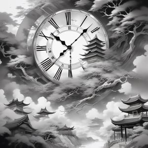 Best quality, masterpiece, absurdres, dutch angle, medium shot, create a tense composition that shows time is always running forward and never waiting for anyone, abstract, low in color saturation and variety almost slightly monochrome, composition that would have Tempus Fugit as a title, Asian folklore ,Anime 
