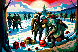 The Christmas truce (German: Weihnachtsfrieden; French: Trêve de Noël; Dutch: Kerstbestand) was a series of widespread unofficial ceasefires along the Western Front of the First World War around Christmas 1914, best quality, masterpiece, postcard style
