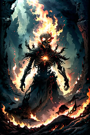 Generate hyper realistic image of a macabre scene of an undead pyromancer, wreathed in flames, casting dark fire spells amidst the skeletal remains of fallen foes. The background features a foreboding, lava-filled abyss, adding to the sinister ambiance of the Dark Souls universe. highly detailed, sharp focus.8k,photography style