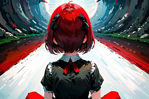 female,(masterpiece, best quality, ultra detailed, absurdres)1.5,white shirt black dress neck ribbon,1girl short hair,demonictech, red hair, bangs, sitting, from_behind, looking_at_viewer, looking back