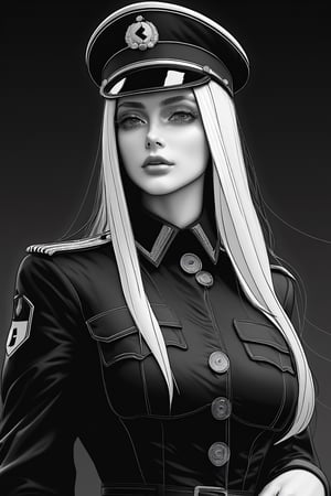 super fine illustration,masterpiece, best quality,{beautiful detailed eyes},1girl, massively big breasts, black nazi uniform, whip in hand, blonde girl with sunglasses,finely detail,full body shot, portrait, 4k wallpaper,pencil sketch,more detail XL, monochrome ,lineart,LineAniAF