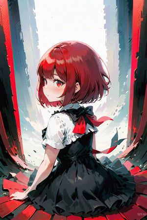 female,(masterpiece, best quality, ultra detailed, absurdres)1.5,white shirt black dress neck ribbon,1girl short hair,demonictech, red hair, bangs, sitting, from_behind, looking_at_viewer, looking back