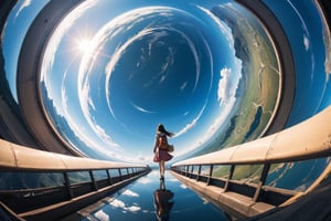 best quality, photography, extreme wide angle, extreme long shot, panorama, 1girl, time travel, wallpaper